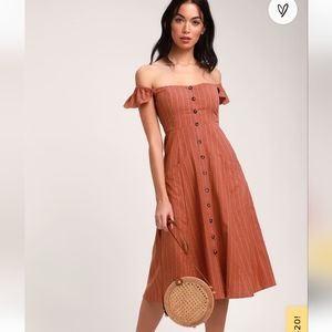 NWT Lulu's Shady Spot Rusty Rose Striped Off-the-Shoulder Midi Dress